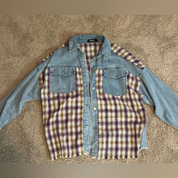 Nasty Gal Tops - Nasty Gal Blue Jean Button Up w/purple & yellow checkered detail